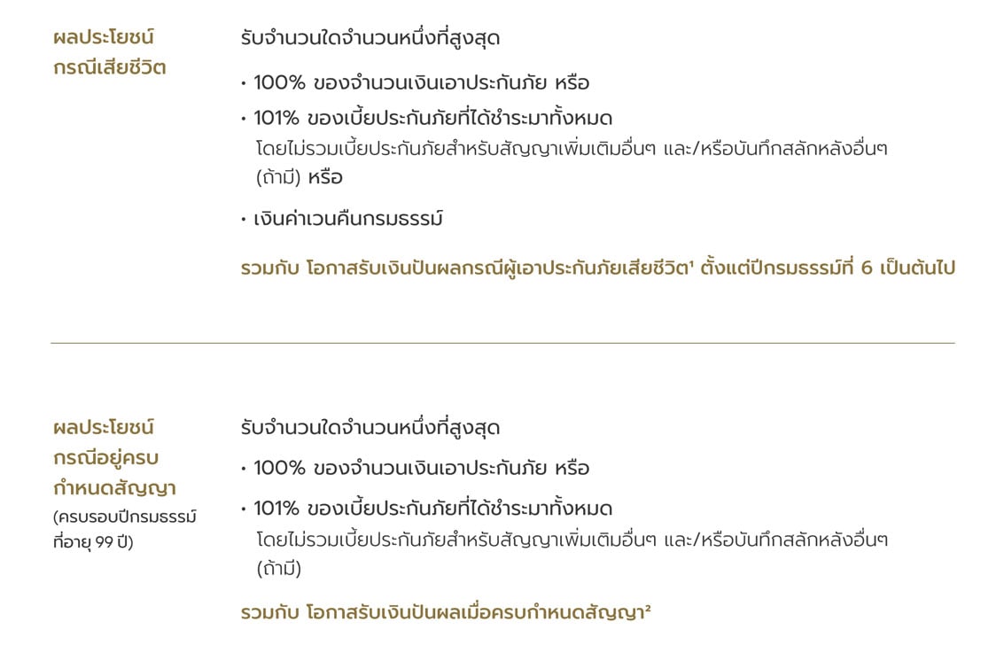 ผลประโยชน์และความคุ้มครอง คุ้มครองถึงอายุ 99 ปี ชำระเบี้ยประกันภัย 6 ปี
